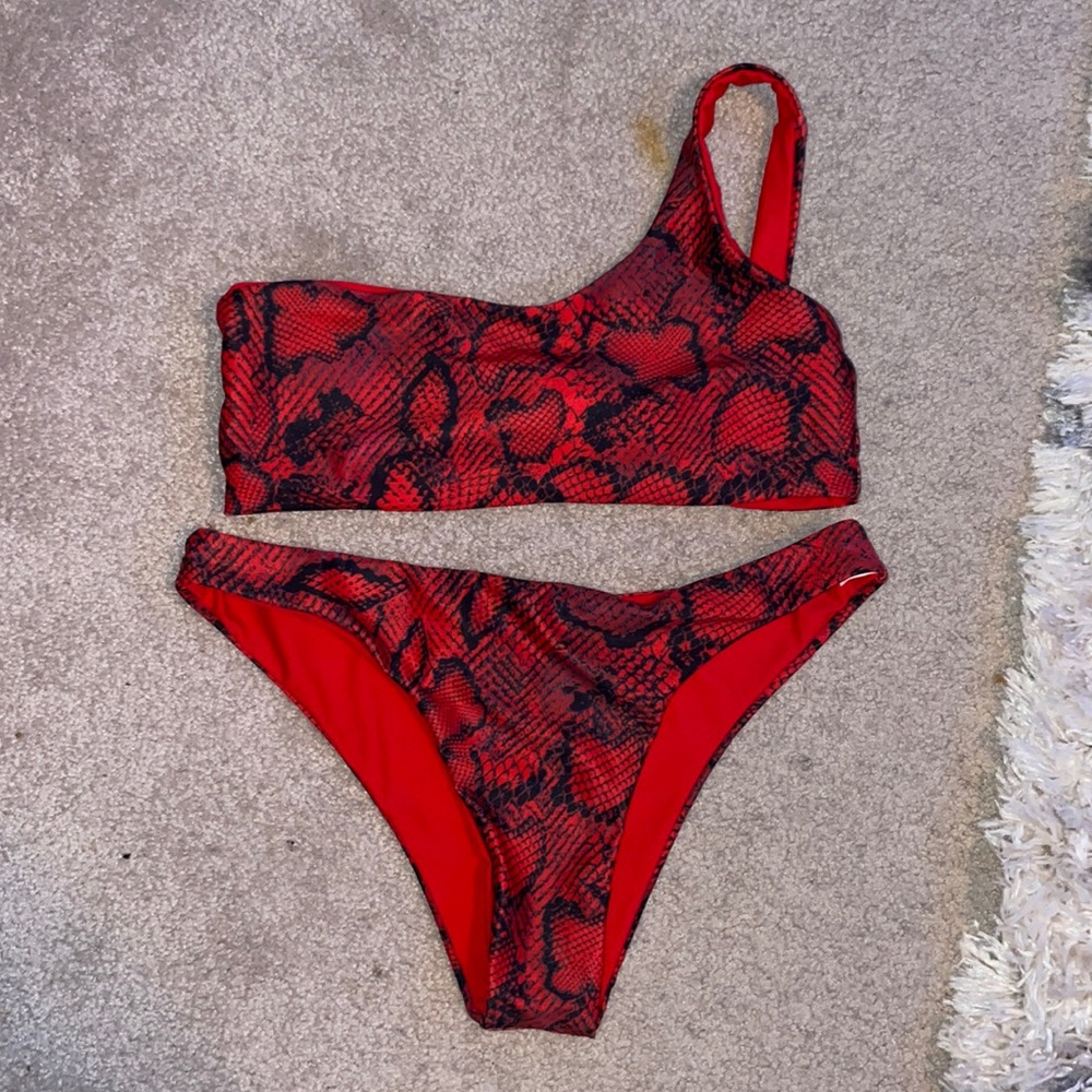 Black and red snake skin bikini
